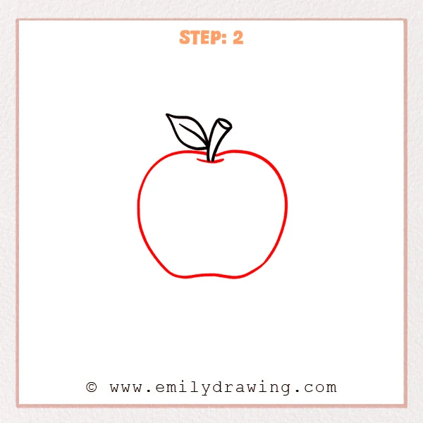 how to draw a cartoon apple - Cartoon apple drawing with the leaf and stem at the top and a rounded apple outline added, including a small dip near the stem and a gentle wavy bottom.